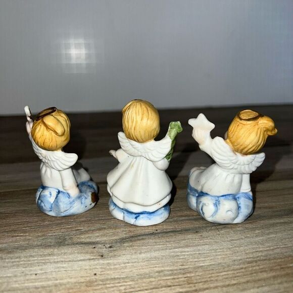 Vintage Set Of 3 Porcelain Bisque Christmas Angels Holiday Christmas Tree Star - Picture 5 of 8